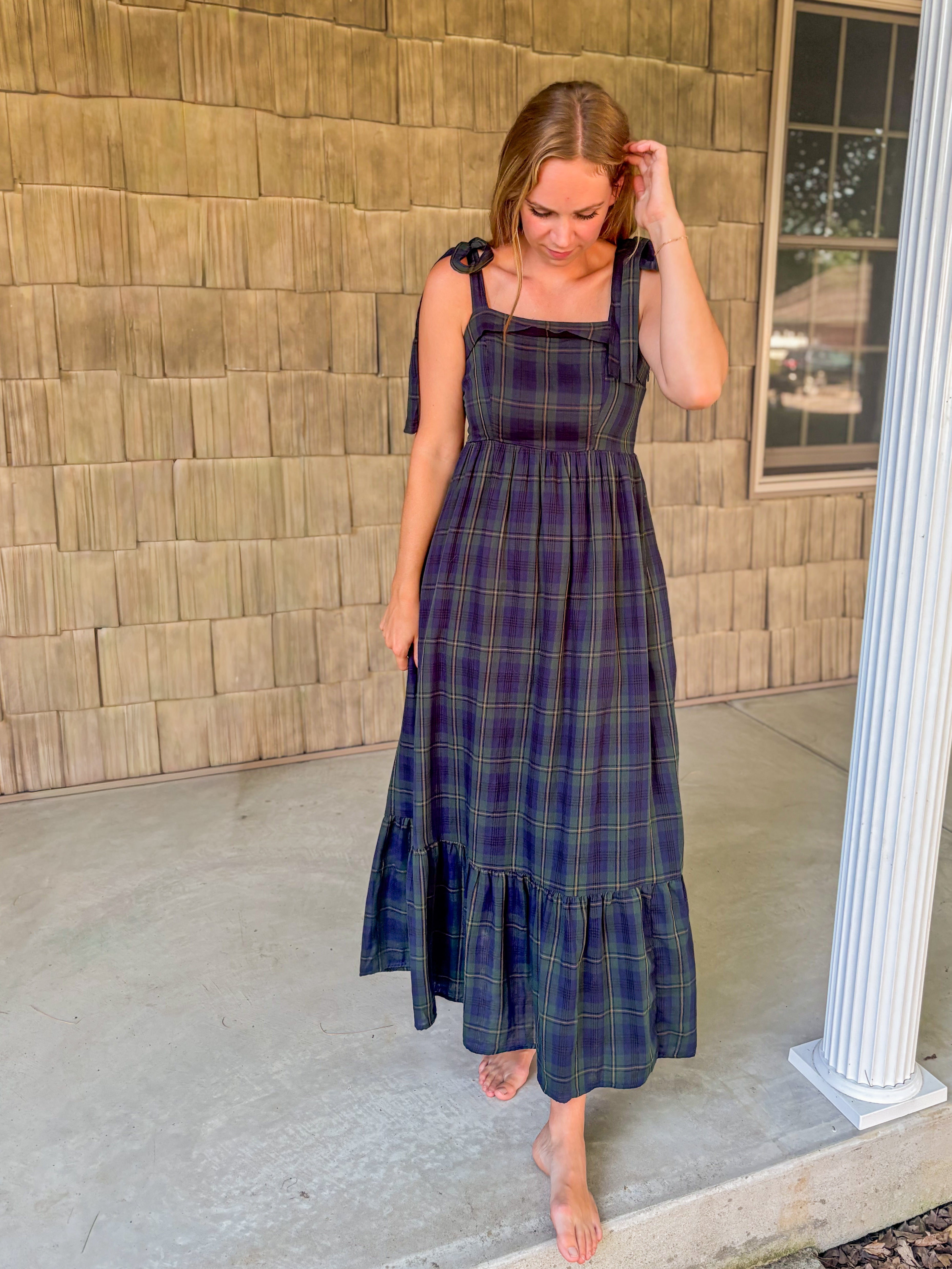 tartan maxi dress Red Plaid Sleeveless Cotton tie sash Blue tartan maxi dress with